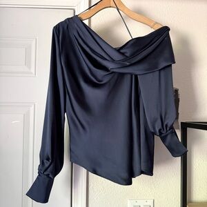 JONATHAN SIMKHAI navy blue satin asymmetrical draped off shoulder cropped blouse